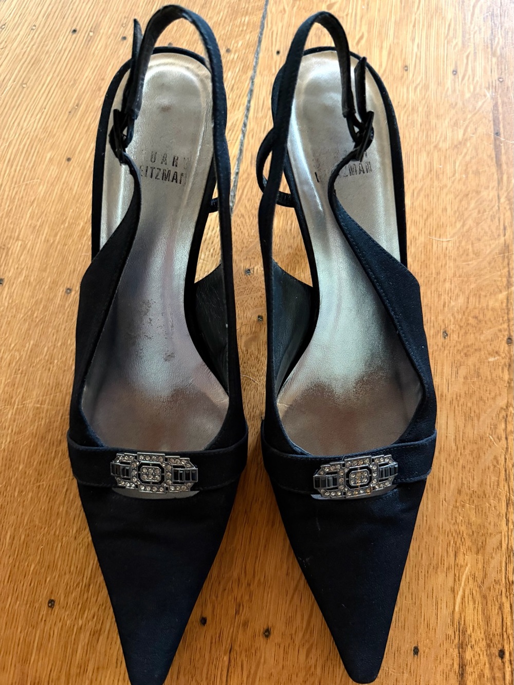Stuart Weitzman Black Pointed Slingback Pumps with Decorative Crystal Buckle